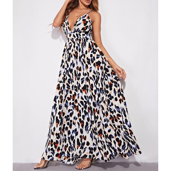 White Black Leopard Print Cross Back Flowy Cami Maxi Dress - Picture 4 of 6